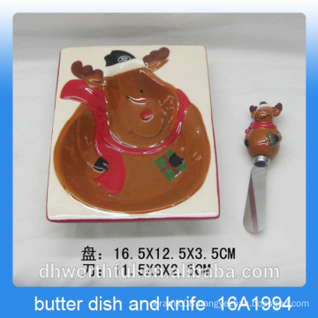 Christmas series deer design ceramic butter dish and knife